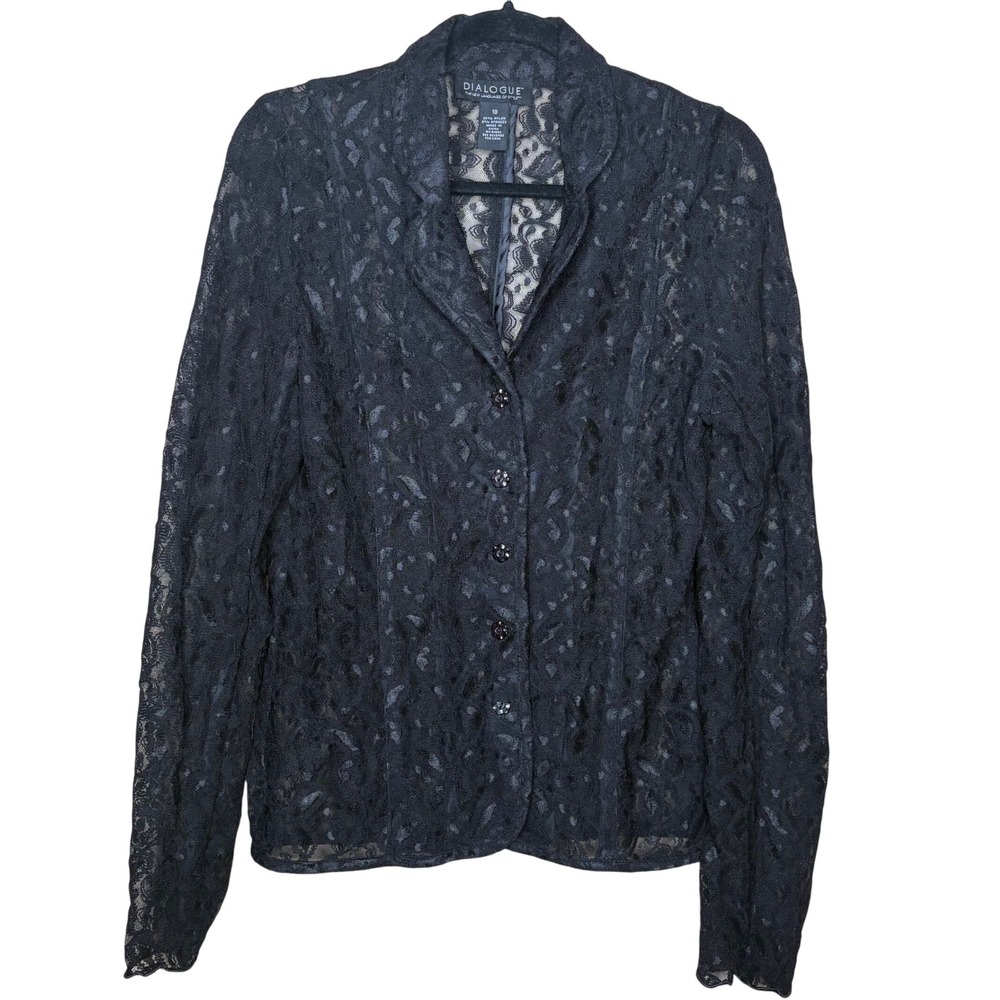 Dialogue Womens Black Floral Lace Button Front Blouse Sheer Notched Collar Sz 10